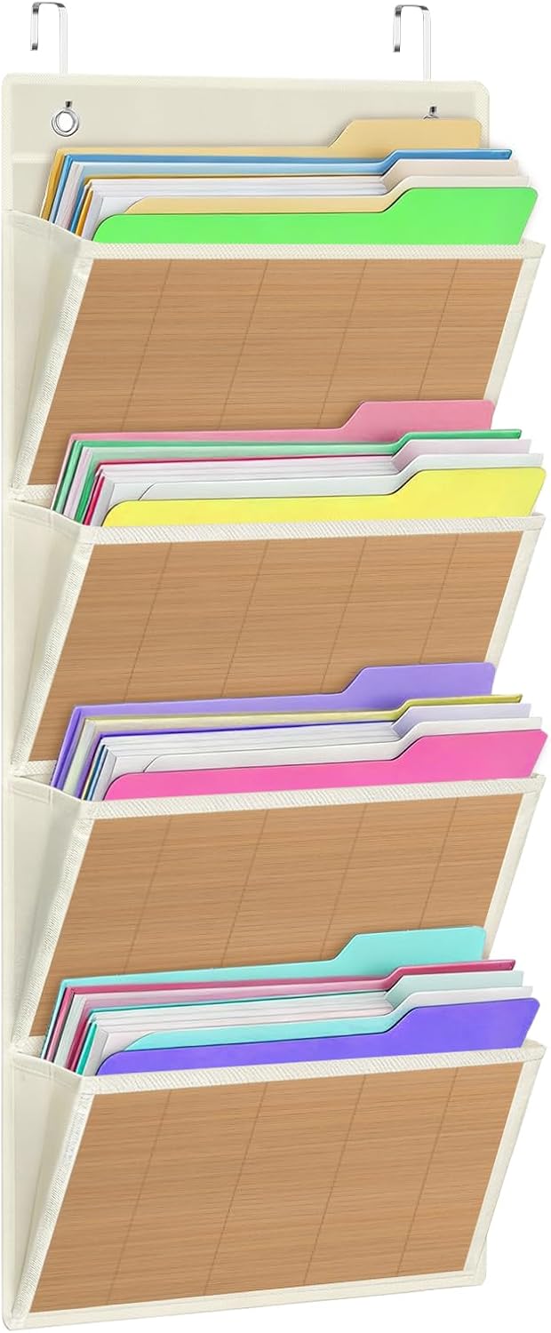 homyfort Over the Door File Organizer, Wall Hanging File Folders with 5 Large Pocket for Mails, Magazines, Back to School Supplies,Office Chart Storage, Paper Organization (Grey)