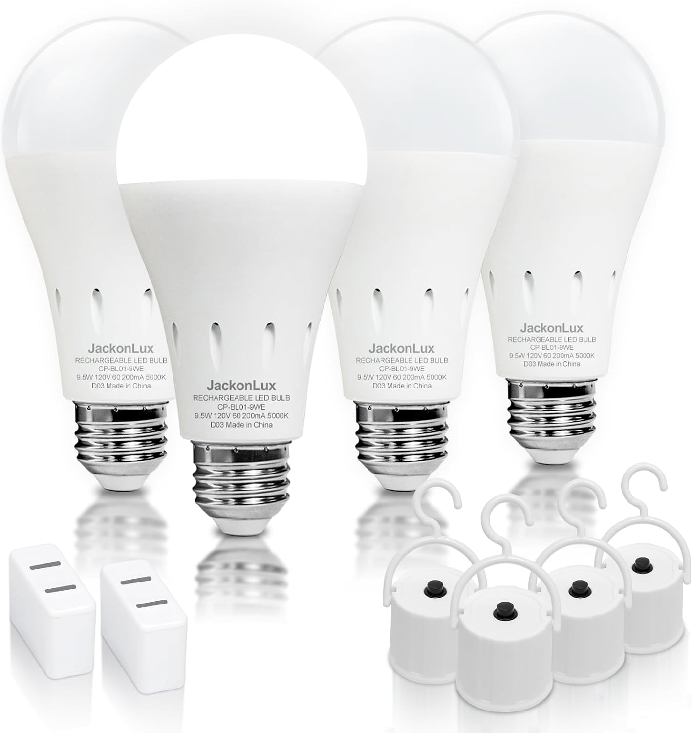 JackonLux Rechargeable Emergency LED Bulb Multi-Function Battery Backup Emergency Light for Power Outage Camping Outdoor Activity Hurricane (4, White-5000K-4PK)