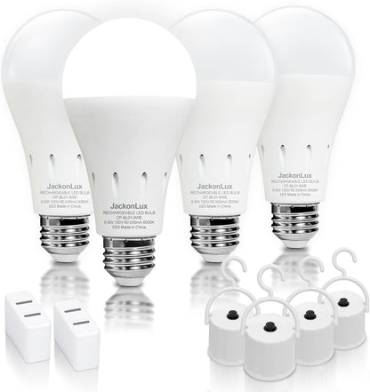 JackonLux Rechargeable Emergency LED Bulb Multi-Function Battery Backup Emergency Light for Power Outage Camping Outdoor Activity Hurricane (4, White-5000K-4PK)
