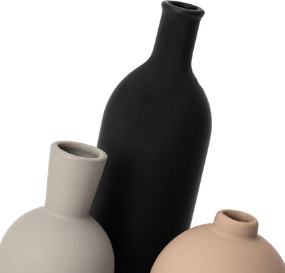 Ceramic Vase Set of 3, Modern Minimalist Neutral Home Decor, Boho Rustic Farmhouse Decorative Vases for Pampas Grass Dried Flowers | Table Centerpiece Entryway Mantel Bookshelf(Black Mix Set - Gray#1)