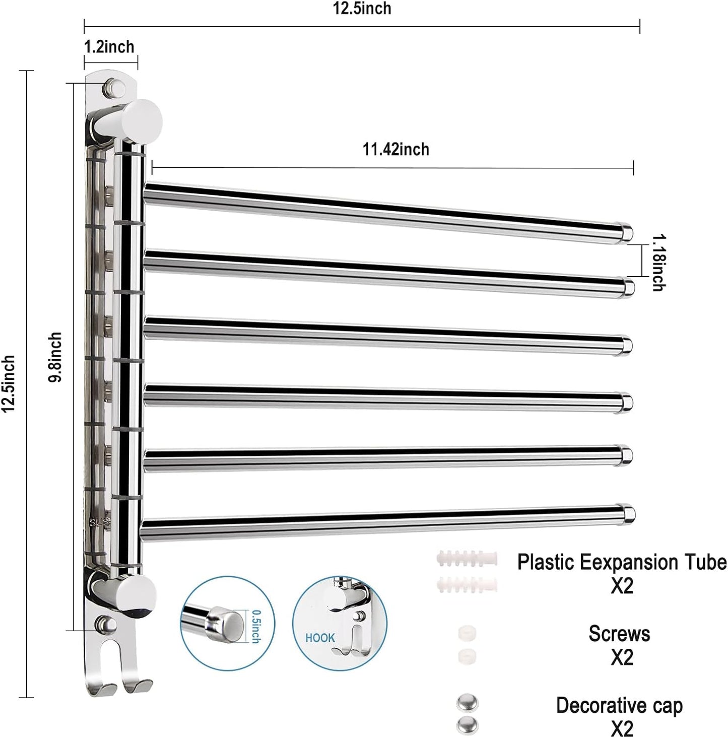 5-Arm Swivel Towel Rack - 180° Rotating Wall Mounted, 304 Stainless Steel Rustproof, Heavy Duty Bathroom Accessories, Space Saving Towel Organizer for Bathroom Kitchen Laundry - Pearl White
