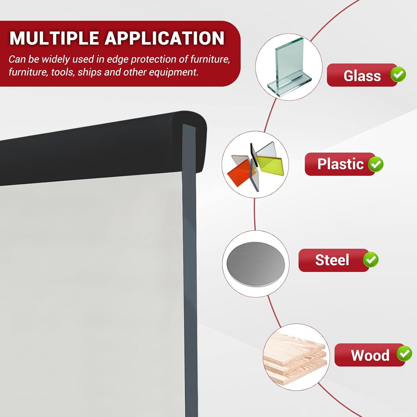 Slimline Cabinet Door Edge Protector, 3/4" Self Adhesive Peel and Stick Rubber Edge Guards, Flexible U Shaped Strips for Kitchen & Garbage Drawer Fronts, Edge Trims for Desks and Shelfves, Black, 10Ft