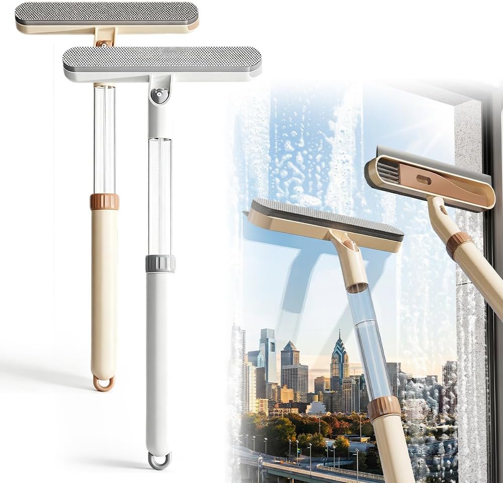5-in-1 Double-Sided Window Screen Cleaning Brush & Extendable Squeegee for Window Cleaning with Handle, All-in-One Window Cleaning Kit for Home & Auto Glass, Car Window Cleaner Tool (Khaki-1pc)