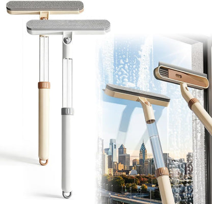 5-in-1 Double-Sided Window Screen Cleaning Brush & Extendable Squeegee for Window Cleaning with Handle, All-in-One Window Cleaning Kit for Home & Auto Glass, Car Window Cleaner Tool (Khaki-1pc)