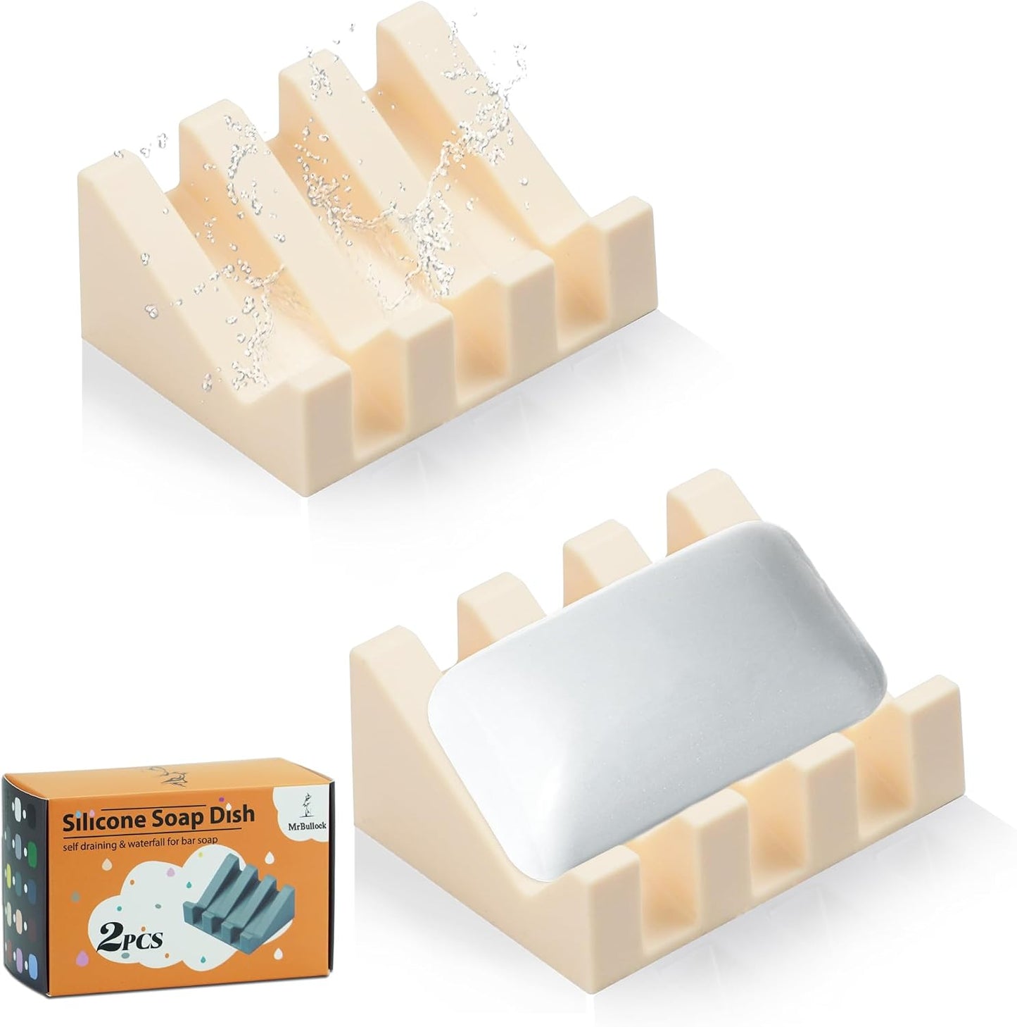 Self Draining Silicone Soap Dish with Suction Cups - Non-Slip Bar Soap Holder for Shower & Kitchen, Waterfall Tray Keeps Soap Dry, Easy Clean, Extends Soap Life (White, 1)