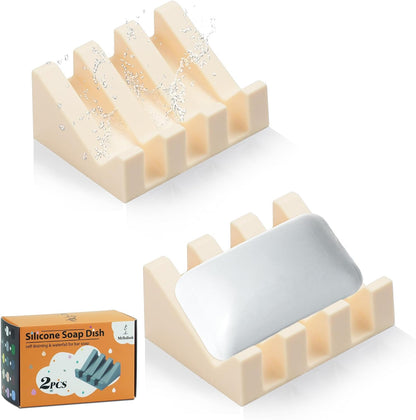 Self Draining Silicone Soap Dish with Suction Cups - Non-Slip Bar Soap Holder for Shower & Kitchen, Waterfall Tray Keeps Soap Dry, Easy Clean, Extends Soap Life (White, 1)