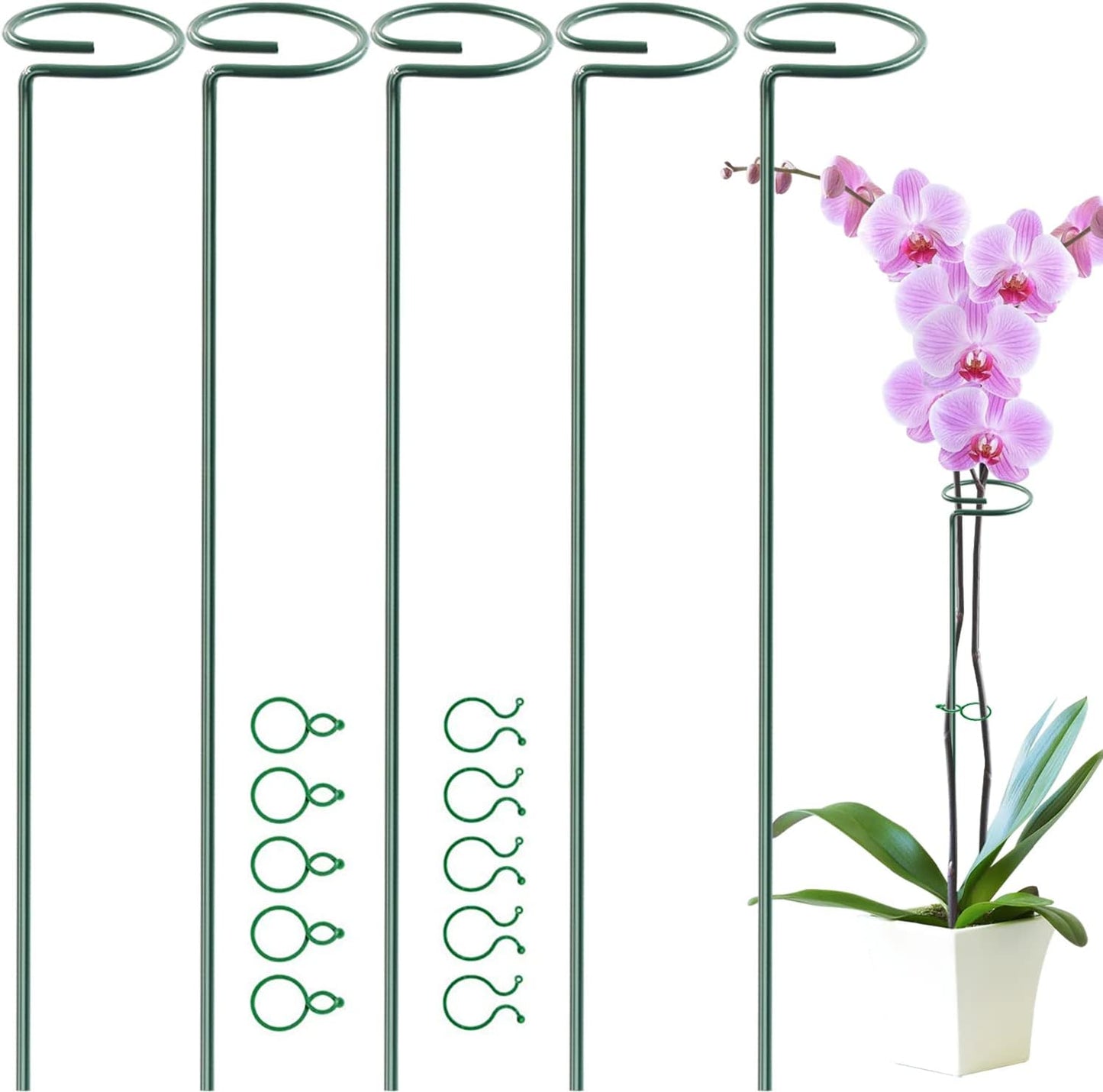 HiGift 17 inch Plant Support Stakes, 4mm Thick Garden Single Stem Flower Support Stake Amaryllis Plant Cage Support Rings with 10 pcs Plant Clips for Tomato Orchid Lily Peony Rose Flower Stem-5 Pack