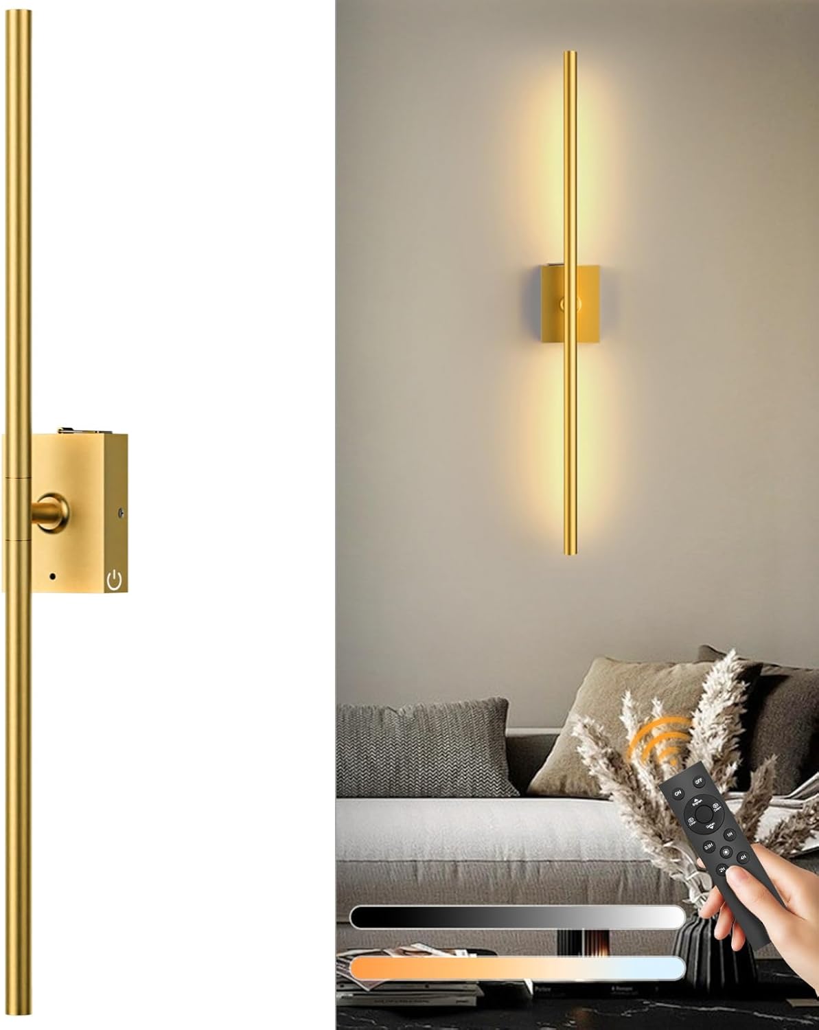Eneru Battery Operated Wall Sconce Lights - 10000mAh Rechargeable Wireless Wall Sconces Set of Two with Touch and Remote, 360° Rotate, 4 Colors LED Wall Lamp for Living Room Bedroom Hallway (Gold)