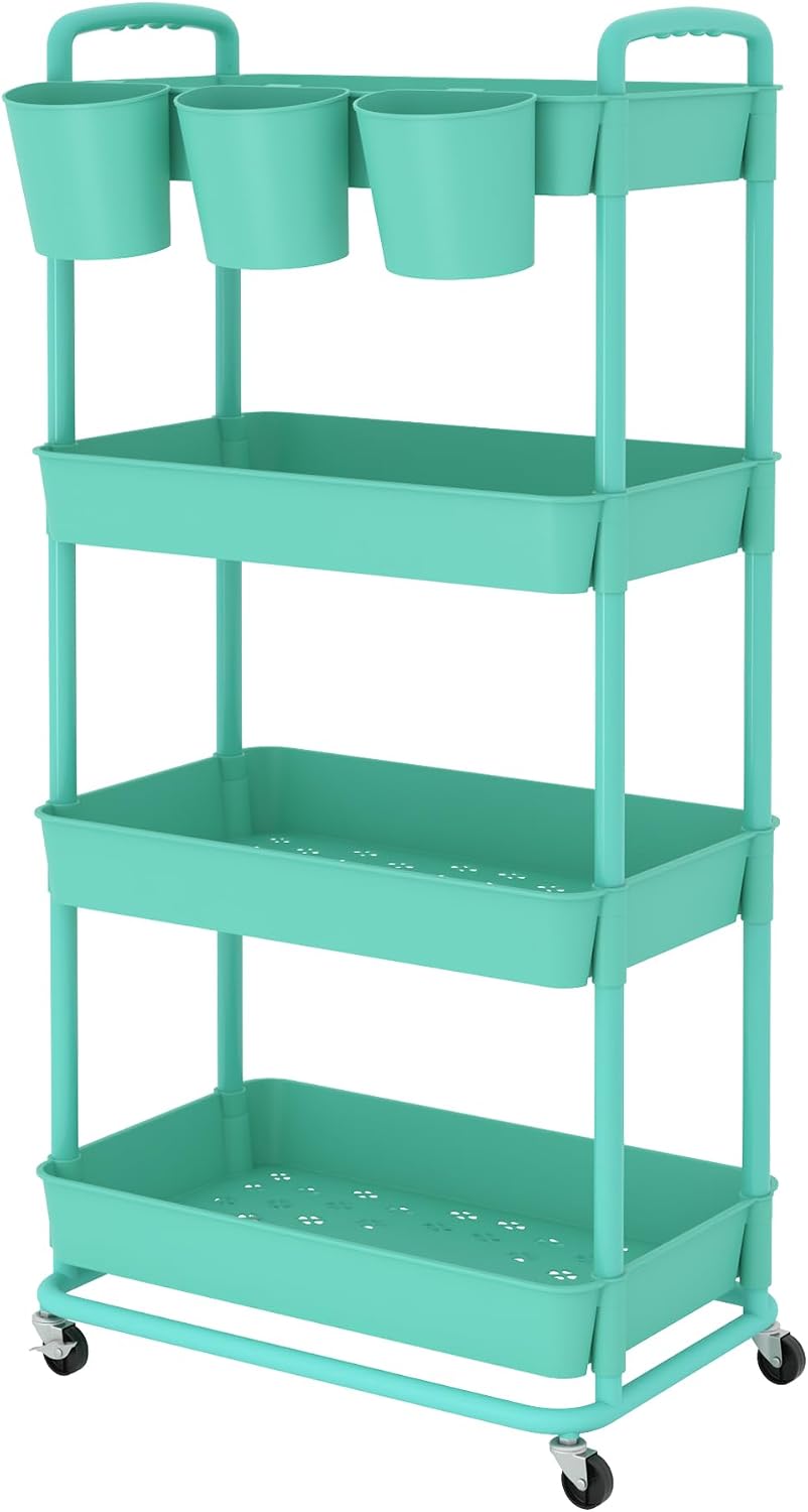 JIUYOTREE 4-Tier Plastic Rolling Storage Cart Utility Cart with Extra Hanging Cups Handles Lockable Wheels for Living Room Bathroom Kitchen Office White