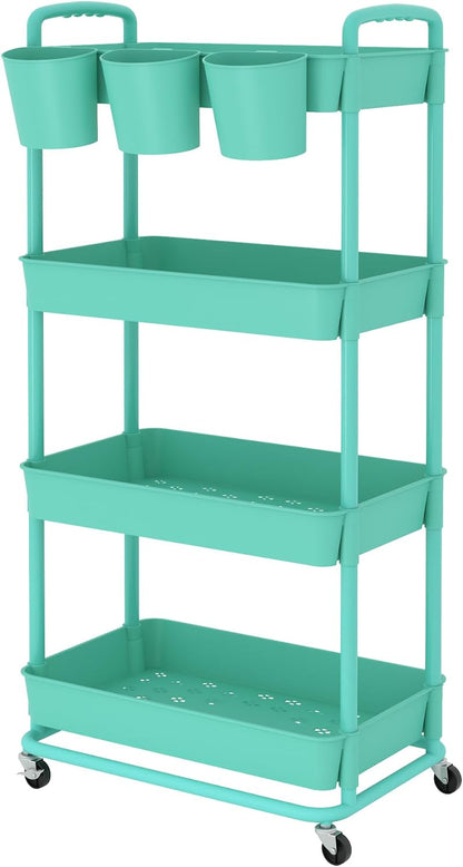JIUYOTREE 4-Tier Plastic Rolling Storage Cart Utility Cart with Extra Hanging Cups Handles Lockable Wheels for Living Room Bathroom Kitchen Office White