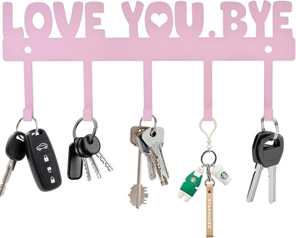 Key Holder Wall Mount, No Drill Adhesive, Black, 5 Hooks | 'Love You.Bye' Entryway Organizer, Metal, 10x4 Inch, Screws Installation