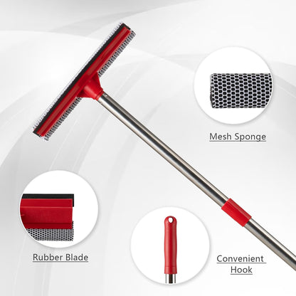 15.9" Window Squeegee for Home and Car Cleaning,2 in 1 Window Cleaner with Long Stainless Steel Handle,Sponge Car Squeegee for Gas Station, Glass,Shower,Outdoor High Window Cleaning