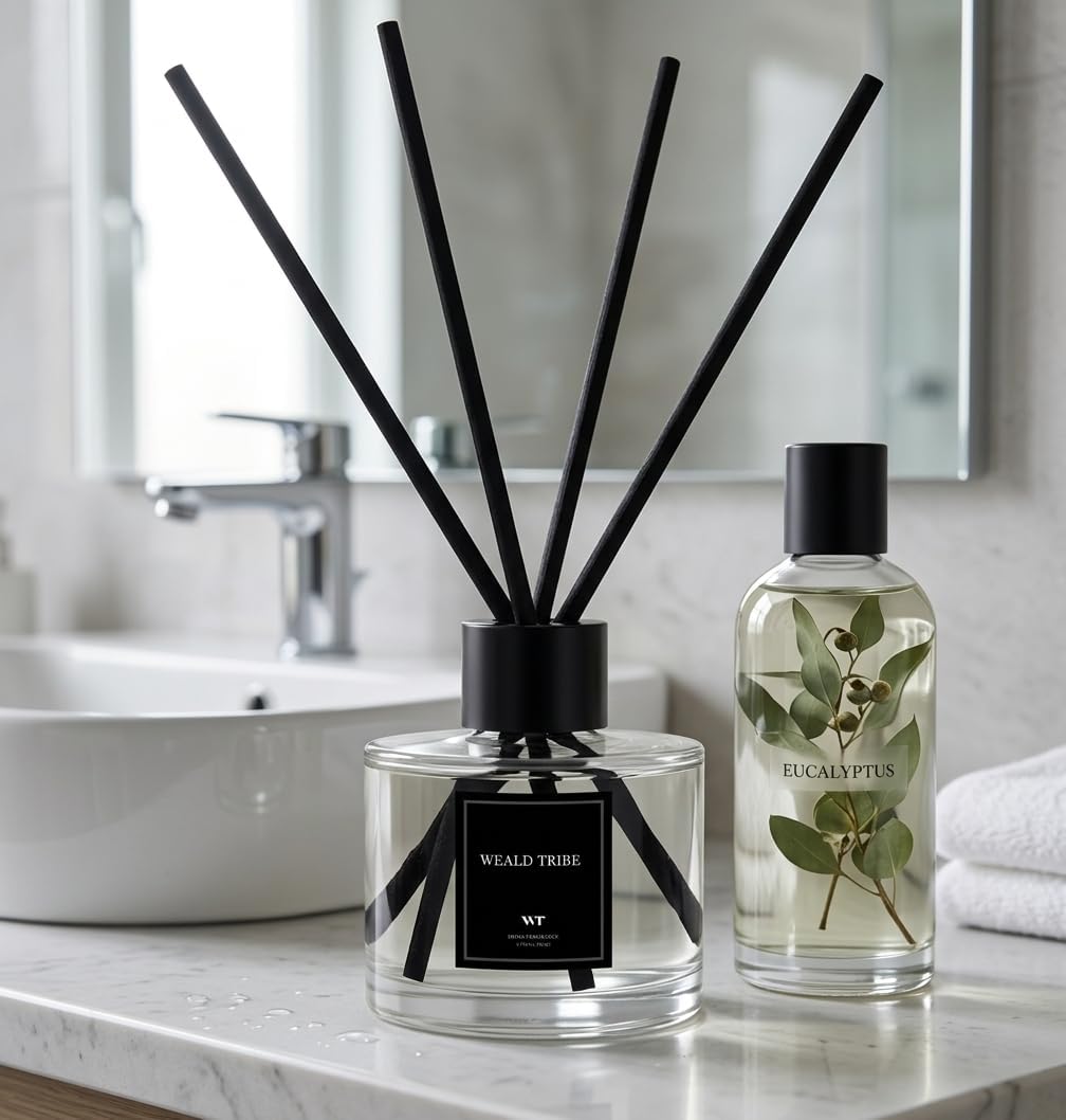 Reed Diffuser Set of 3 for Bathroom Air Fresheners, Oil Diffuser Sticks | Fresh Linen, Ocean, Eucalyptus & Mint Scent(1.7 fl oz Each Pack) Fragrance with 12 Sticks Defusers | Shelf Decor