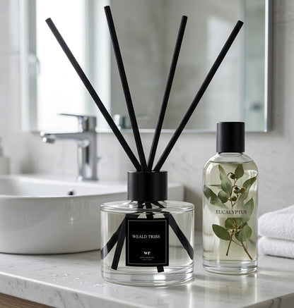 Reed Diffuser Set of 3 for Bathroom Air Fresheners, Oil Diffuser Sticks | Fresh Linen, Ocean, Eucalyptus & Mint Scent(1.7 fl oz Each Pack) Fragrance with 12 Sticks Defusers | Shelf Decor