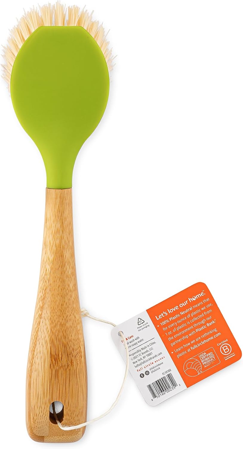 Full Circle Daily Dish Brush-Bamboo Handle Dish Brush–Sustainable Kitchen Cleaning with Tough Bristles-Natural Dish Scrubber,Nonstick & Cast Iron Cleaner-Long Handle Brush for Dishes,Pots,and Pans