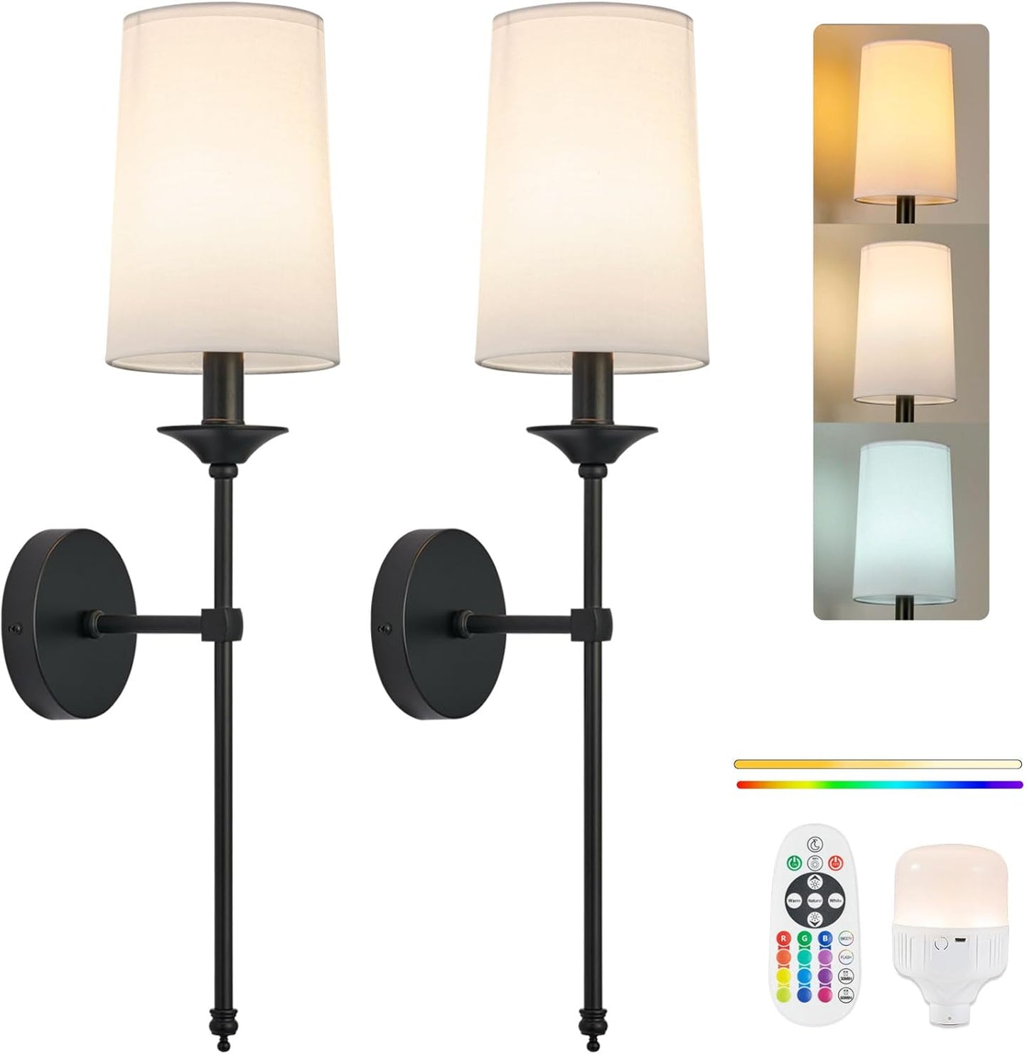 PASSICA DECOR Battery Operated Wall Sconce Set of 2 - Rechargeable Cordless Lights with Remote, Dimmable RGB Timer Wireless Sconces for Bedroom, Living Room, Hallway