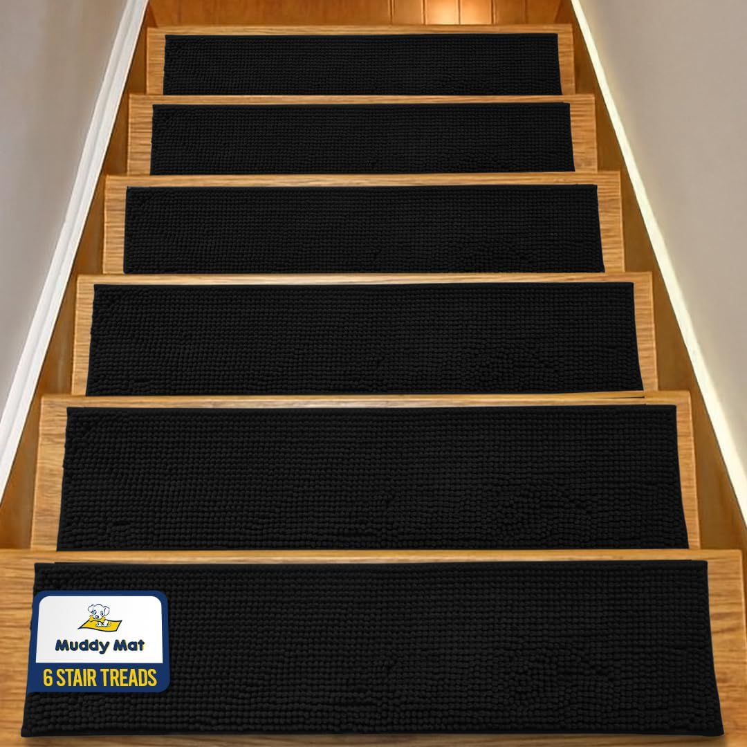 Muddy Mat® Pack of 4 - Soft Chenille Stair Treads Non-Slip Reusable, Super Absorbent Stair Treads for Wooden Steps, Tile & Marble Floor, Easy to Install & Machine Washable - Brown 30'' x 7''