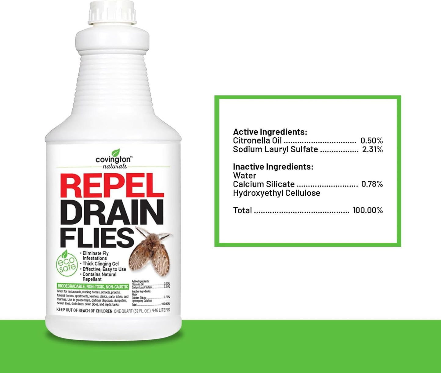 Covington Drain Fly Treatment Gel (32oz) Drain Maintenance & Odor Control for Kitchen & Bathroom Drains, Plant Based Thick Clinging Formula Breaks Down Grease & Organic Build-Up. Made in USA