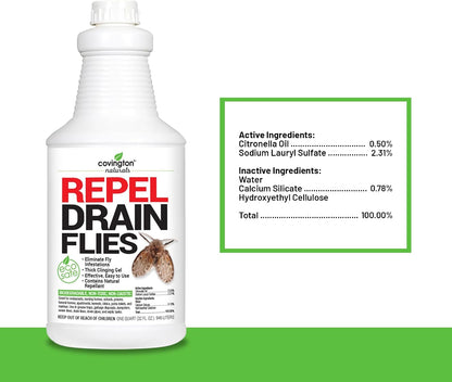 Covington Drain Fly Treatment Gel (32oz) Drain Maintenance & Odor Control for Kitchen & Bathroom Drains, Plant Based Thick Clinging Formula Breaks Down Grease & Organic Build-Up. Made in USA