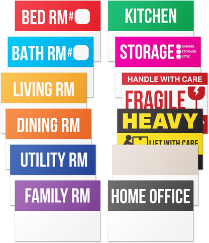 Moving Labels (3 x 2 inch, 300 per Pack) Ideal for 1-2 Bedroom Homes - 10x Designs of Color-Coded Moving Stickers w/Write-in Area, Fragile, Heavy & Blank Labels