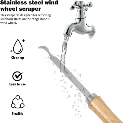 Range Hood Wind Wheel Scraper Kitchen Cleaning Tool Set with Wooden Handle Stainless Steel 3-Piece for Removing Stubborn Grease and Dust