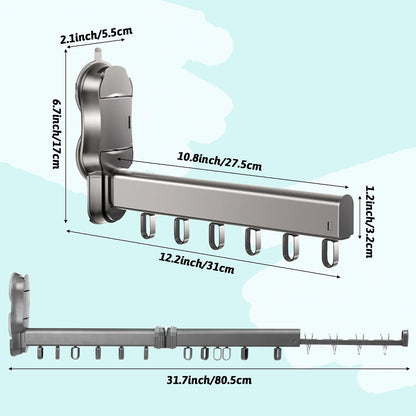 Wall Mounted Drying Rack - Laundry Room Clothes Foldable Hanging Dry Rack, Suction Cup Wall Mount Folding Clothes Hanger Collapsible with 12 Hooks and 4 Clips, Retractable Clothing Holder