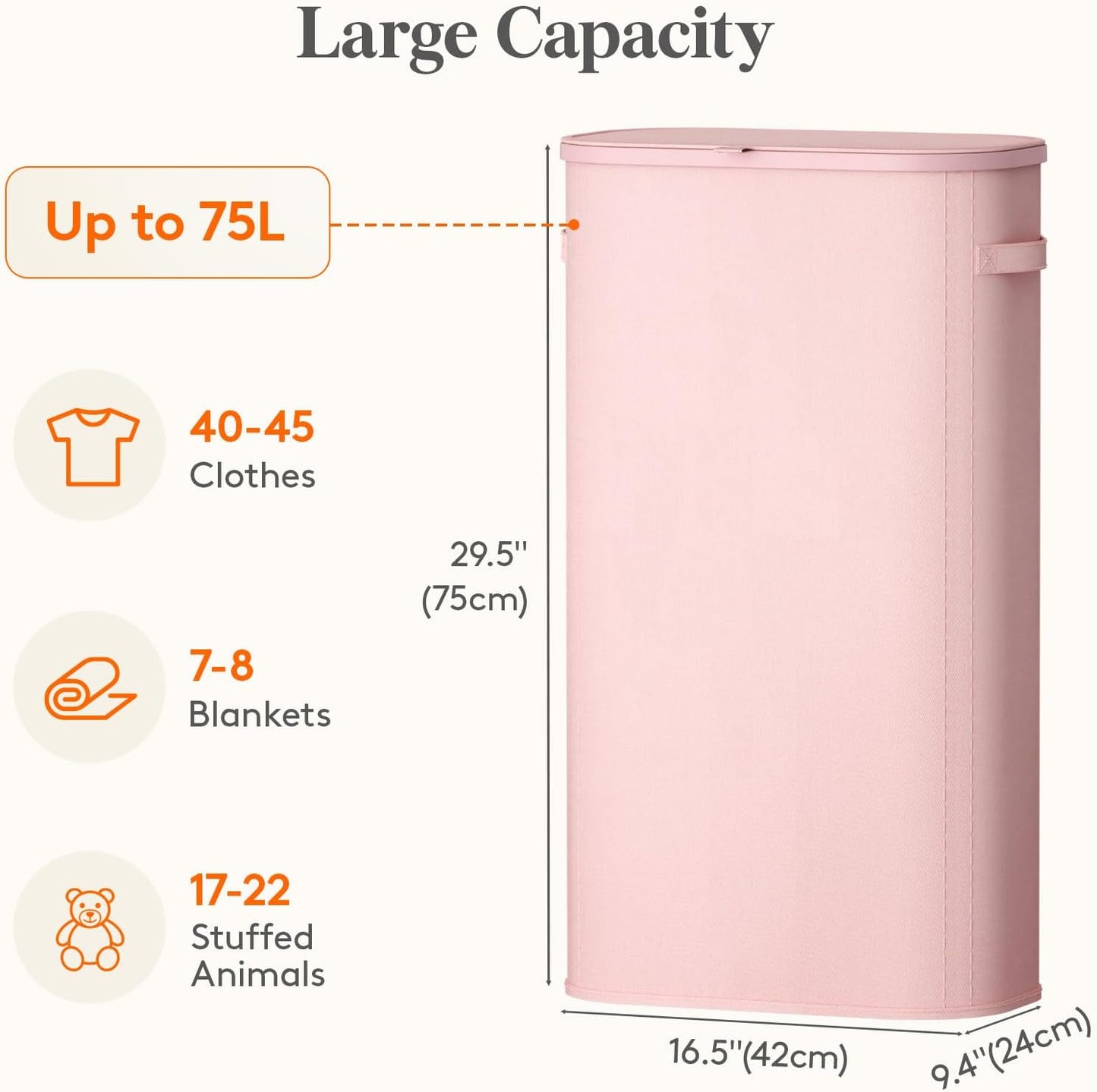 Lifewit Slim Laundry Basket with Lid, Narrow Laundry Hamper with Plastic Handles and Removable Bag, Tall Foldable Dirty Clothes Hampers for Laundry Room, Bedroom, Bathroom, Dorm, 65L Beige