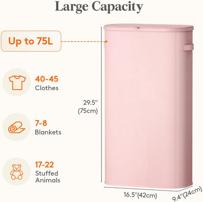 Lifewit Slim Laundry Basket with Lid, Narrow Laundry Hamper with Plastic Handles and Removable Bag, Tall Foldable Dirty Clothes Hampers for Laundry Room, Bedroom, Bathroom, Dorm, 65L Beige