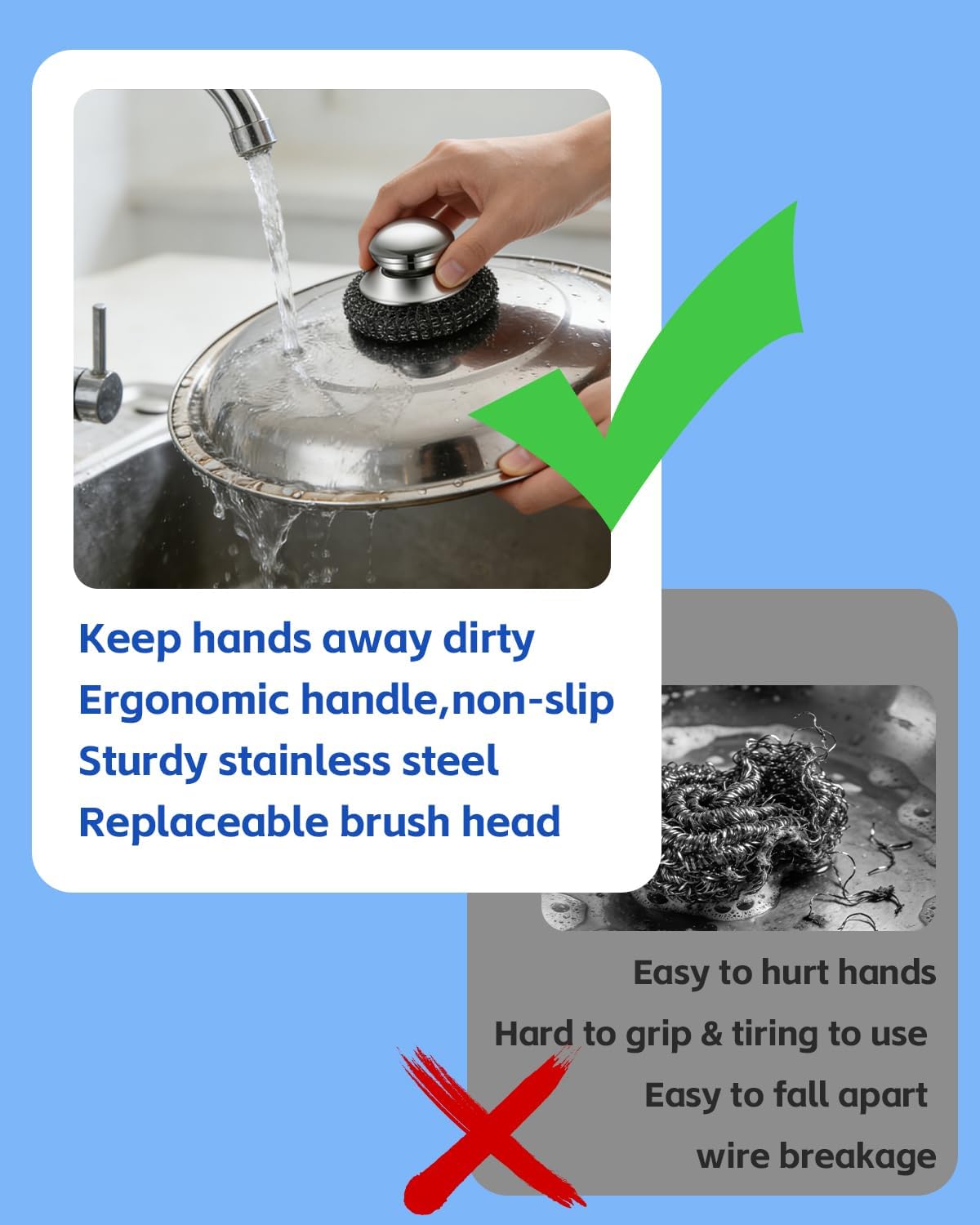 2 Pack Stainless Steel Scrubber with Handle, Includes 2 Replacement Steel Wool Pads, Heavy-Duty Scouring Brush for Pots, Pans, Stovetops and Kitchen Cleaning