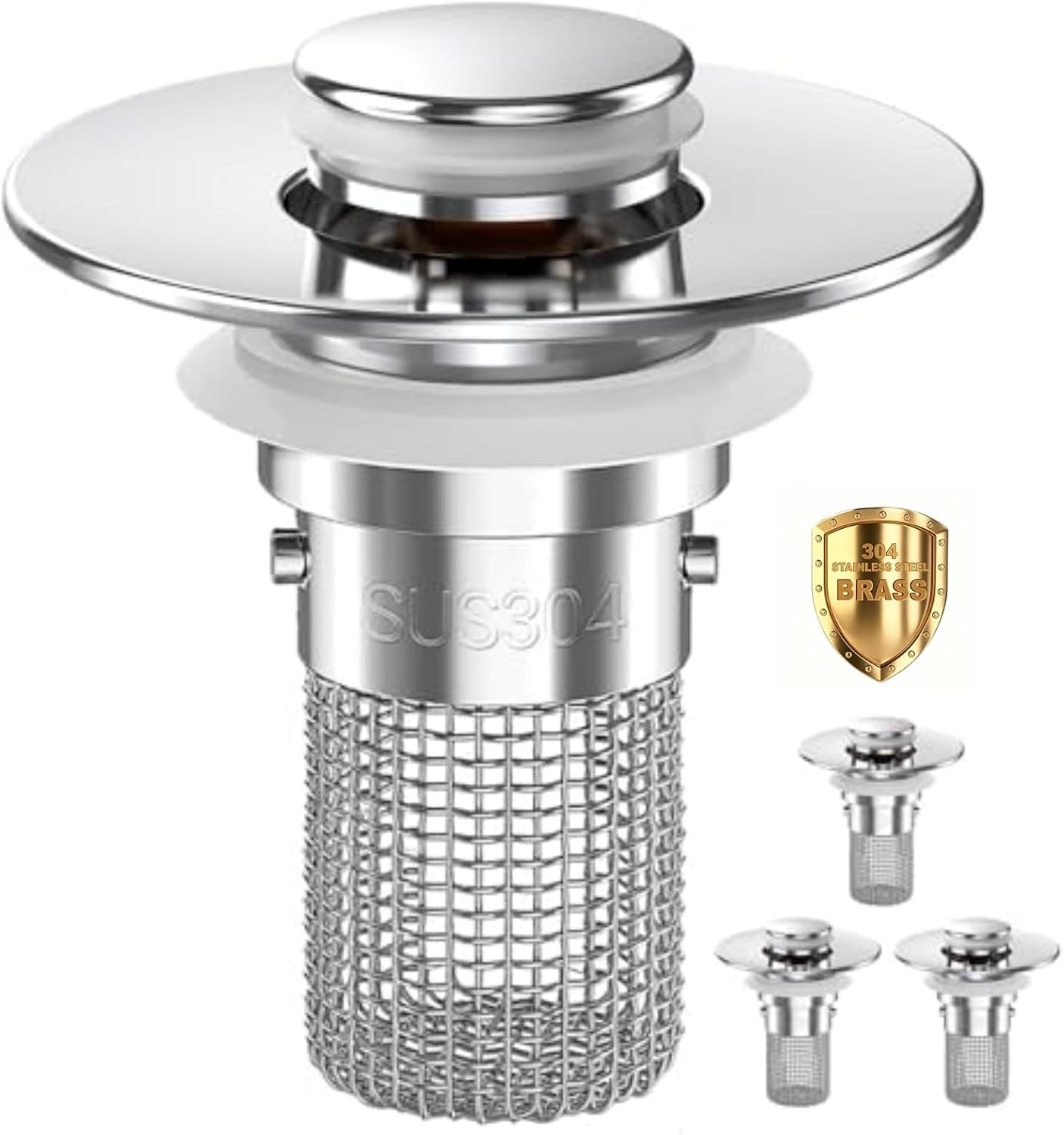 Bathroom Sink Drain Strainer,Pop Up Sink Stopper with Removable Stainless Steel Hair Catcher Basket, Anti-Clog Bathroom Sink Drain Plug for 1.1-2.36 Inch Drain Holes (Sliver 3Pcs)