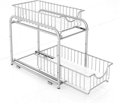 Pull-out Cabinet Organizer, Stackable 2-tier Under Sink Rack, with Sliding Storage Drawer for Pantry, and Desktop, for Bathroom, Kitchen, Office, Black