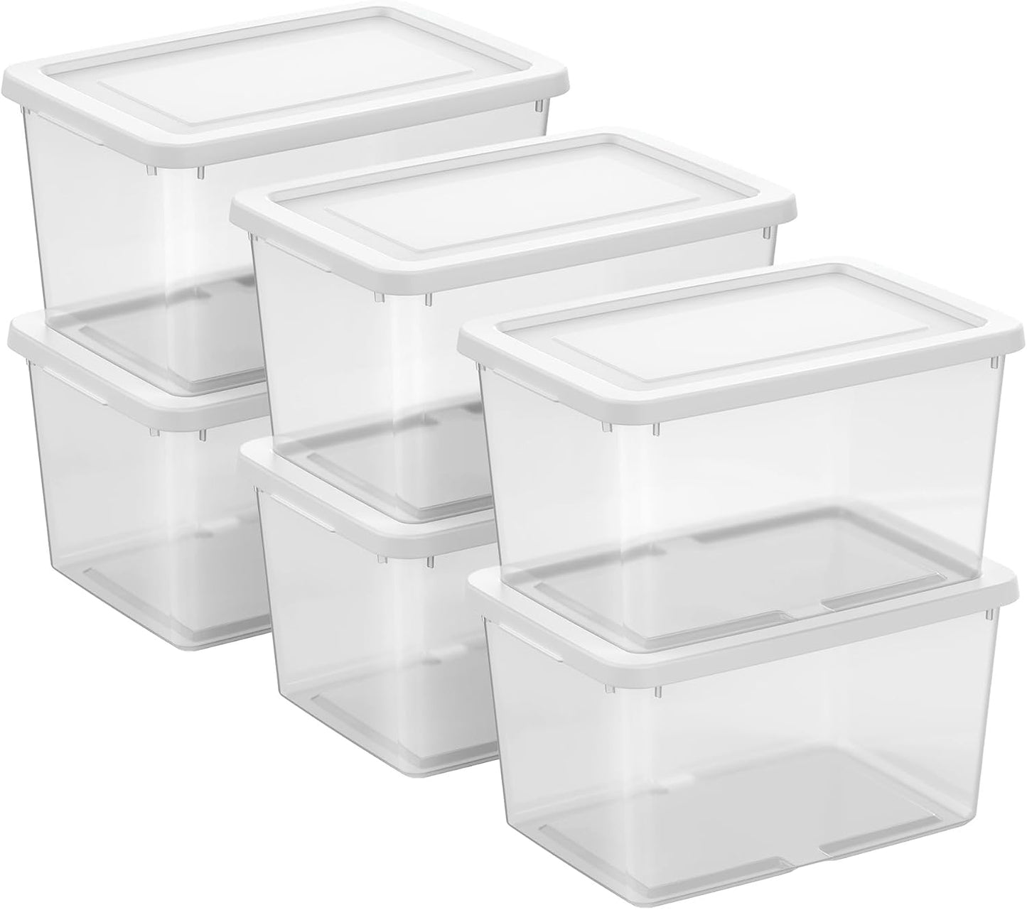 Sterilite 6 Pack Storage Box, 41 Quart Stackable Tote, Clear Plastic Container with Secure Snapping White Lids for Home and Office Organization