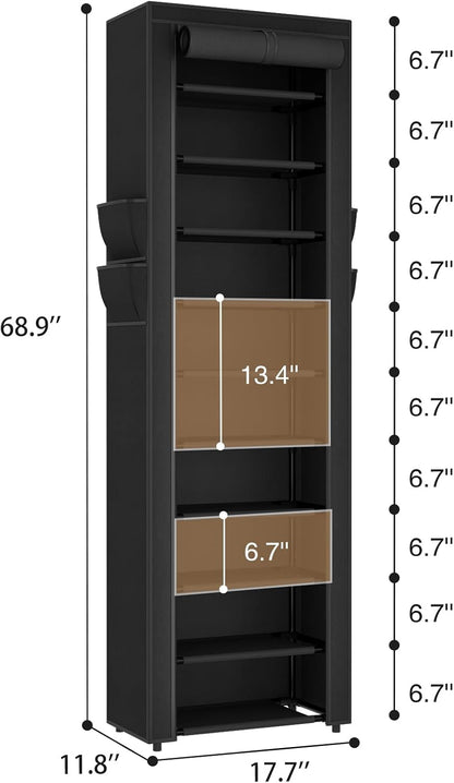 ROJASOP 10 Tier Shoe Rack with Covers,Large Capacity Stackable Tall Shoe Shelf Storage to 50-55 Pairs Shoes and Boots Sturdy Metal Free Standing Shoe Rack Organizer for Closet Entryway Garage