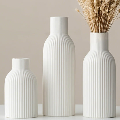 Modern Ceramic Vases Set of 3, Coffee Table Ribbed Decorative Vases, Shelf Table Centerpiece for Home Decor (Coffee Mix)