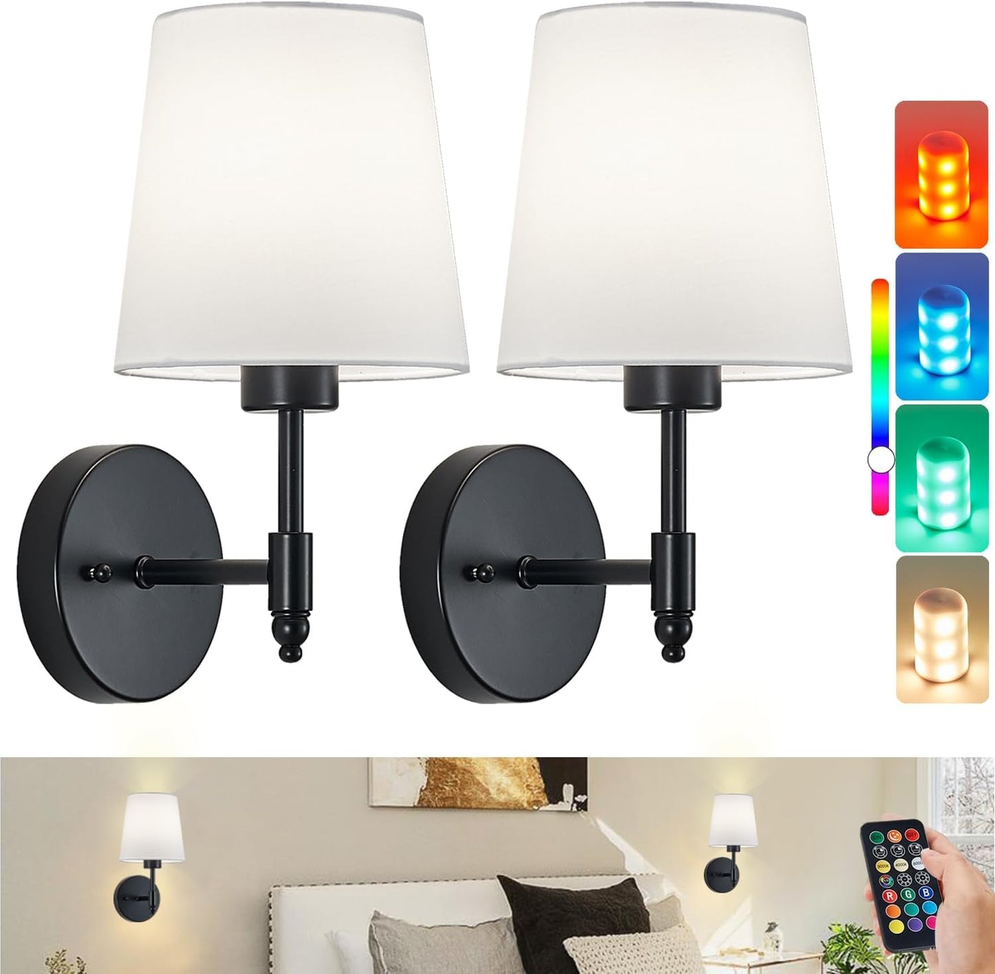 Battery Operated Wall Sconce Set of 2, Brushed Gold Rechargeable Wall Lights with Remote Control and Dimmable LED Bulbs, 13 Light Colors Wireless Wall Lamps for Bedroom Living Room Hallway (Gold)