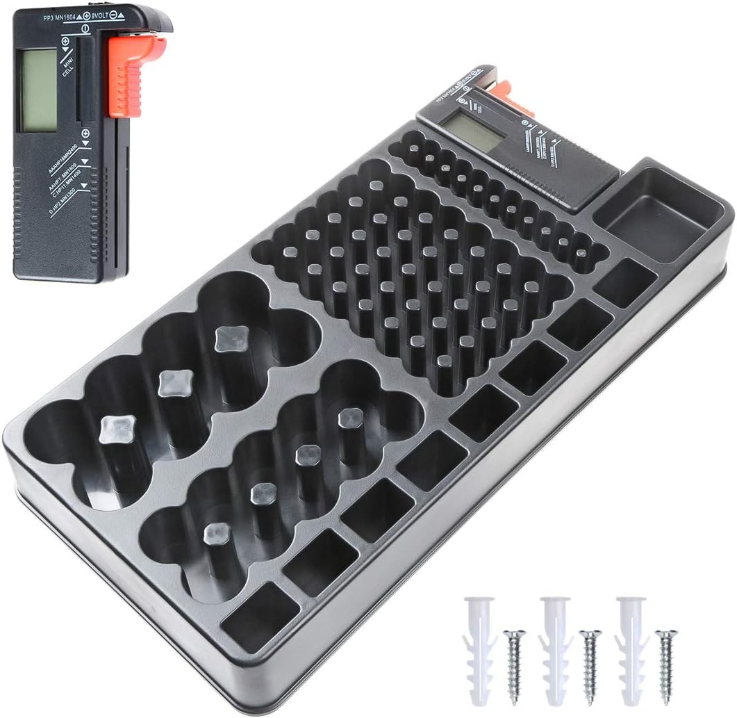 Battery Organizer Storage Case w Tester-110 Batteries Holder Box for AAA, AA, 9V, C, D and Button Battery