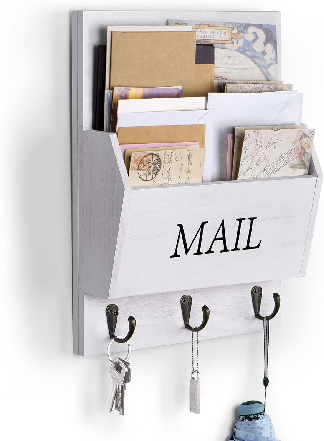 DLQuarts Mail Organizer with Key Holder for Wall, Mail Sorter Wall Mounted, Decorative Wooden Key and Mail Holder with 3 Hooks, Black