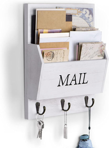 DLQuarts Mail Organizer with Key Holder for Wall, Mail Sorter Wall Mounted, Decorative Wooden Key and Mail Holder with 3 Hooks, Black