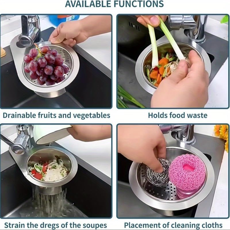 Premium Stainless Steel Kitchen Swan Sink Strainer Basket Hanging Waste Drain Filter Basket Fruit Vegetable Drainer Sponge Rack Storage
