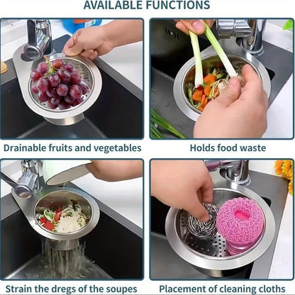 Premium Stainless Steel Kitchen Swan Sink Strainer Basket Hanging Waste Drain Filter Basket Fruit Vegetable Drainer Sponge Rack Storage