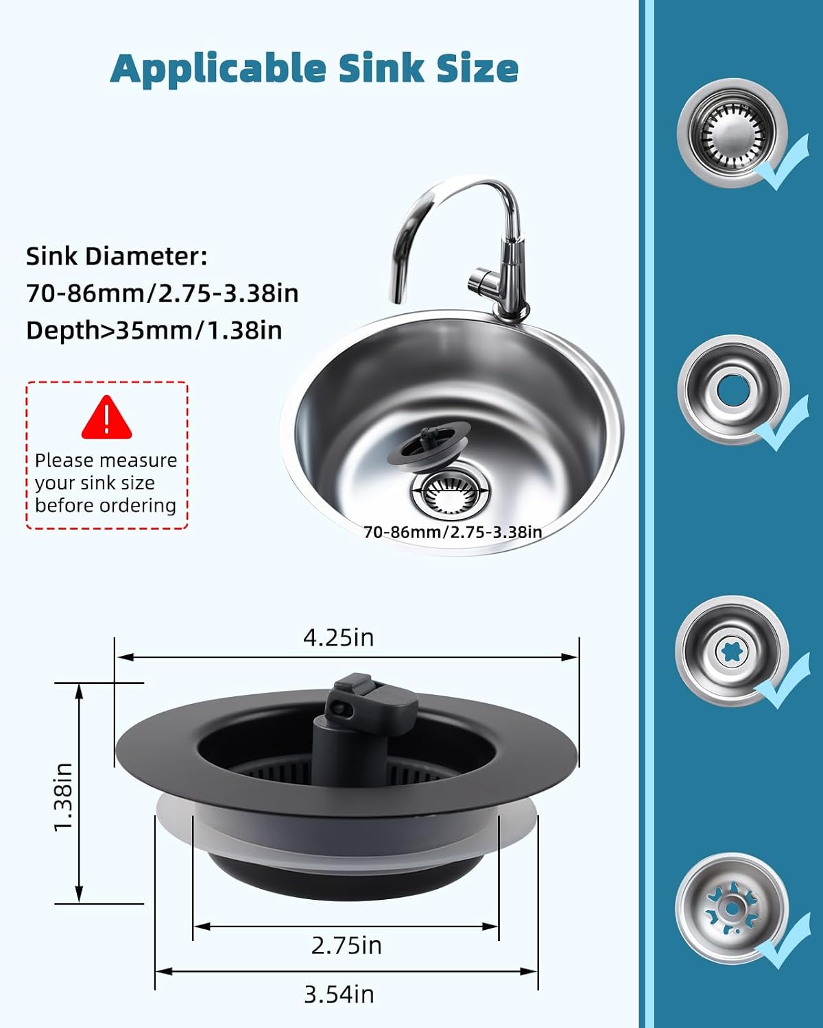 All Metal Sink Drain Strainer for Kitchen Sink, Universal Fit | Pop Up 3-in-1 Sink Stopper Drainer, 304 Stainless Steel Basket for US Standard 3-1/2 inch Drain Filter, Anti-clog