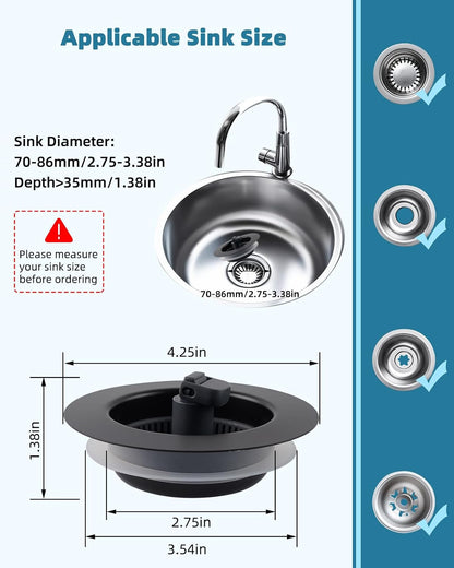 All Metal Sink Drain Strainer for Kitchen Sink, Universal Fit | Pop Up 3-in-1 Sink Stopper Drainer, 304 Stainless Steel Basket for US Standard 3-1/2 inch Drain Filter, Anti-clog