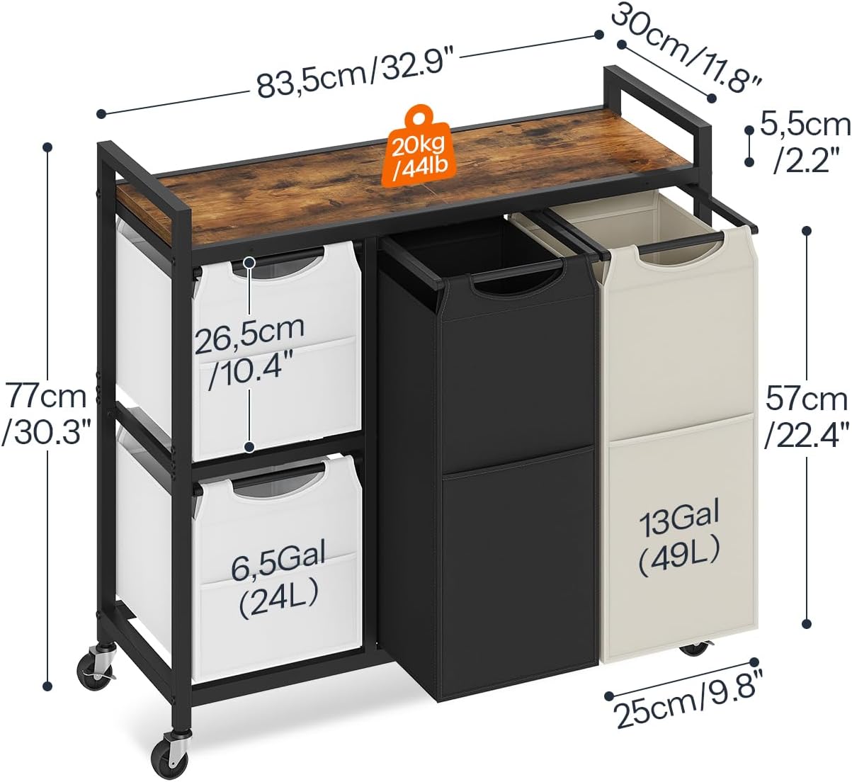 HOOBRO Laundry Sorter with 4 Section, 34 Gal. (127 L) Laundry Hamper with Wheels, Rolling Laundry Basket with Shelves, Pull-Out Detachable Bags, Side Pockets, White, Natural and Beige WNE14XY01N1
