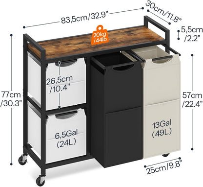HOOBRO Laundry Sorter with 4 Section, 34 Gal. (127 L) Laundry Hamper with Wheels, Rolling Laundry Basket with Shelves, Pull-Out Detachable Bags, Side Pockets, White, Natural and Beige WNE14XY01N1