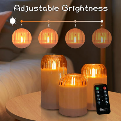 LEDHOLYT Rechargeable Flameless Glass Pillar Candles–Gifts for Women,–Set of 3, Realistic Flickering LED Light,Remote & Timer, Ideal for Living Room, Bedroom & Festival Wedding Home Party Decor