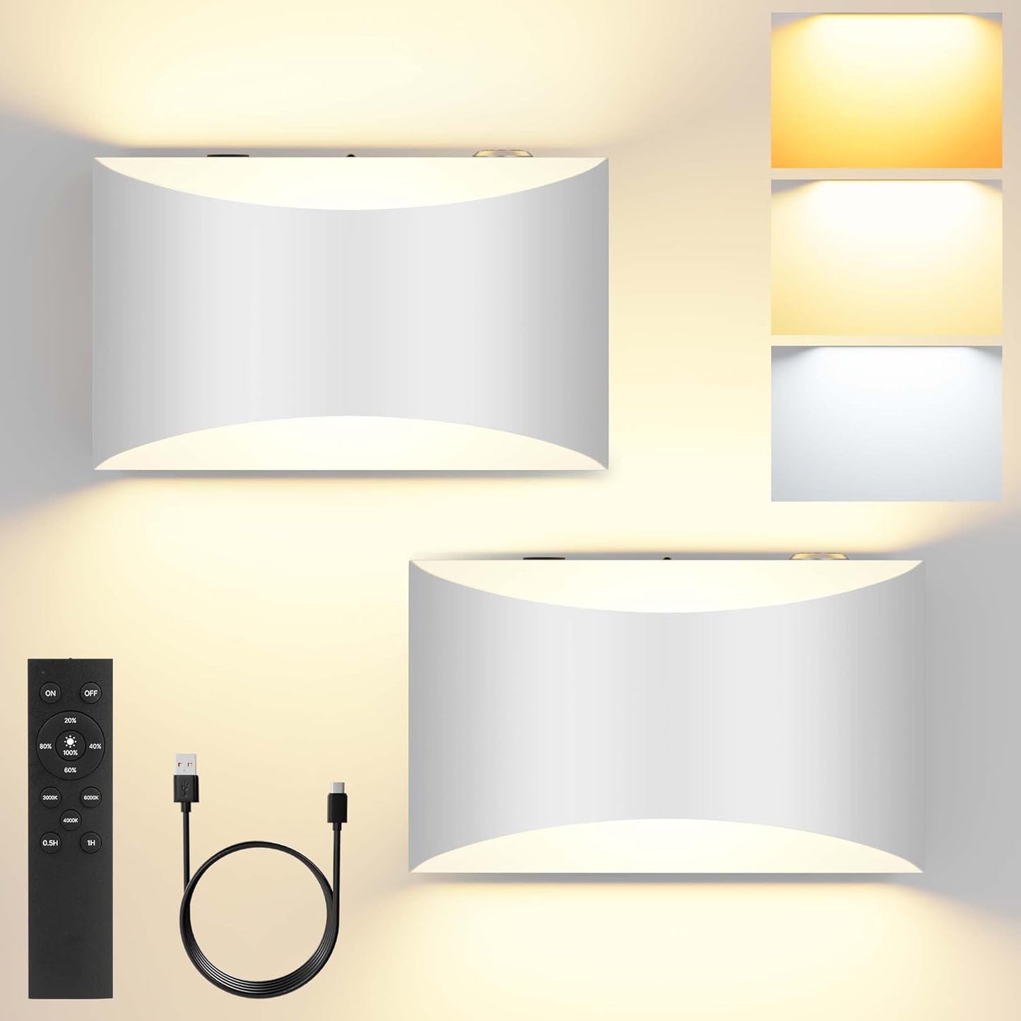 FOLKSMATE Battery Operated Wall Sconces Set of 2, 8000mAh Rechargeable Remote & Touch Control Wall Lamps, 3 Color Temperatures, Timer Dimmable Light for Bedroom, Living Room, Hallway