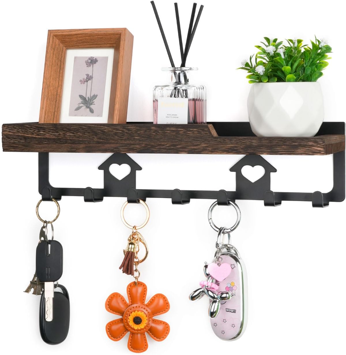 lucdnc Key Holder for Wall with Tray,Decorative 7 Metal Hooks and Paulownia Wood Shelf,Entryway Organizer for Mail,Keys,Sunglasses -Wall Mounted Key Hooks for Office Home Decor Key Rack