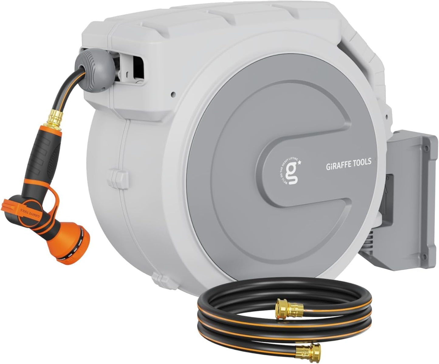 Giraffe Tools Retractable Garden Hose Reel 1/2 Inch x 100 ft, Super Heavy Duty, Any Length Lock, Slow Return System, Wall Mounted and 180 Deg Swivel Metal Bracket