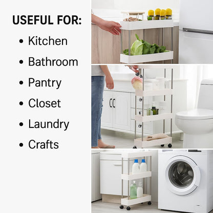 Modern Home 4-Tier Rolling Storage Cart with Bins – Slim Organizer for Bathroom, Kitchen, Laundry & Pantry – Mobile Utility Shelves with Wheels