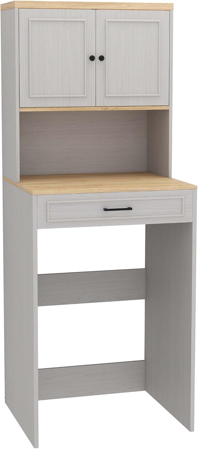 Laundry Room Storage Cabinet with Doors, Washer Dryer Countertop with Shelf & Laundry Basket, Over The Washer and Dryer Storage Shelf Cabinet for Bathroom, Easy Assembly (Large)